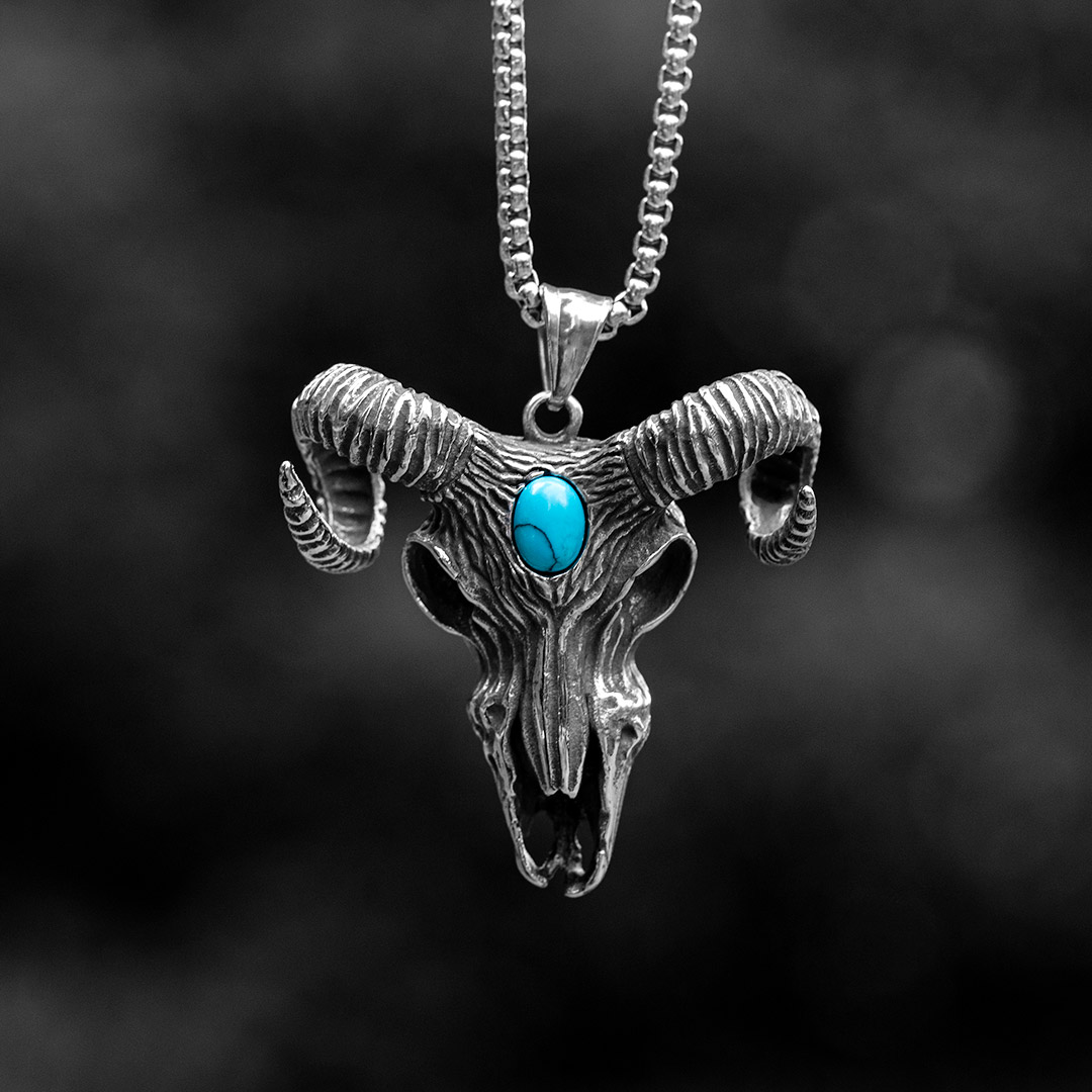 Ram Goat With Turquoise Stainless Steel Pendant With Street Luxury Shine