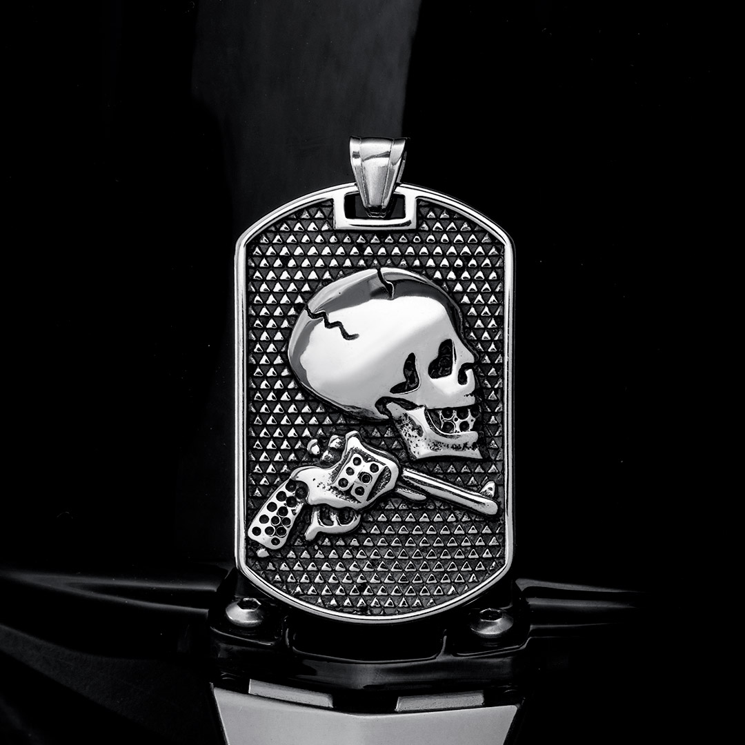 Gun Skull Stainless Steel Dog Tag Pendant With Street Luxury Shine - Image 3