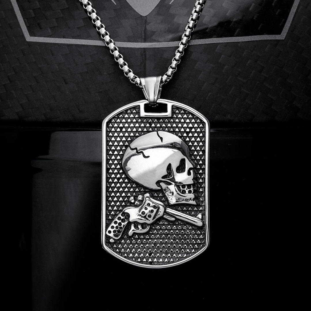 Gun Skull Stainless Steel Dog Tag Pendant With Street Luxury Shine