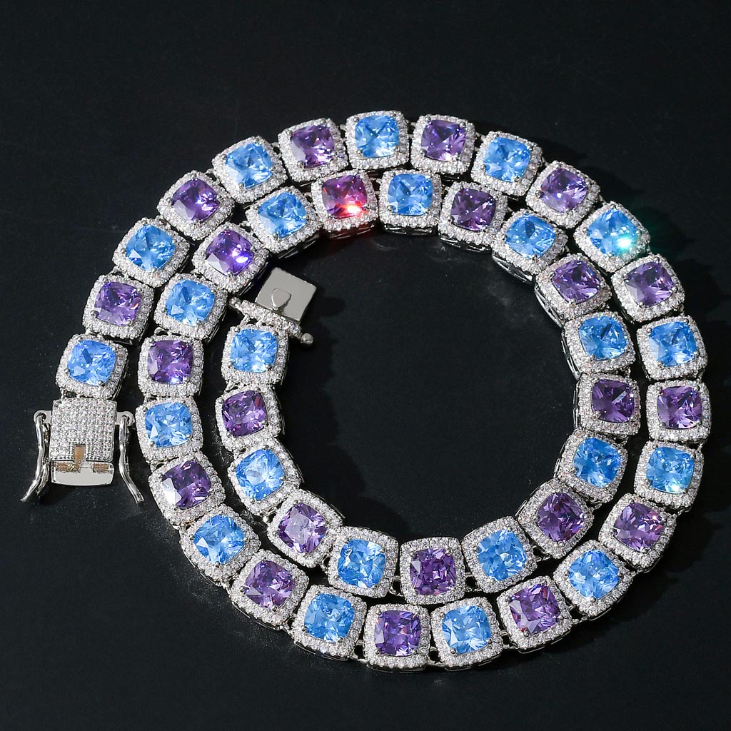 Bold Blue And Purple Handset Stones Clustered Tennis Necklace In White Gold - Image 3