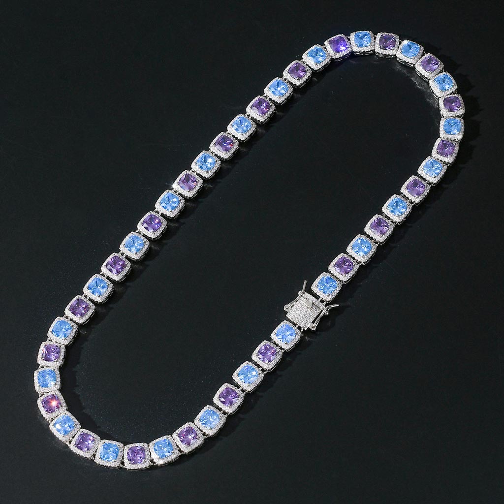 Bold Blue And Purple Handset Stones Clustered Tennis Necklace In White Gold - Image 4