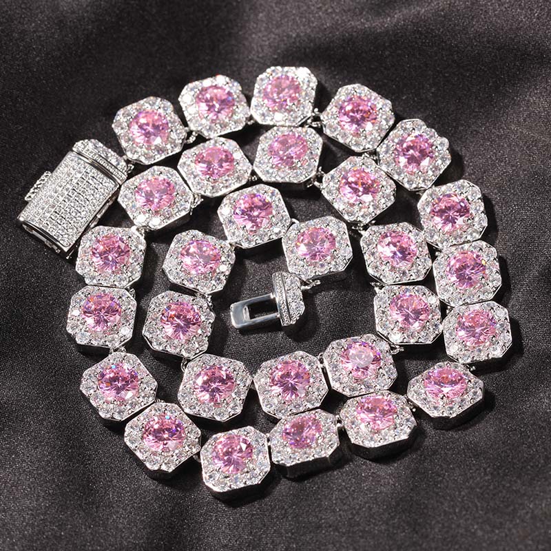 12mm Handset Pink Clustered Tennis Chain In White Gold Iced Out - Image 3