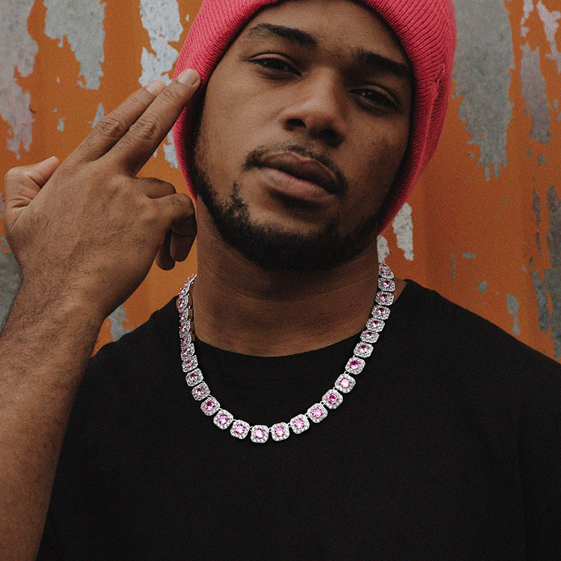 12mm Handset Pink Clustered Tennis Chain In White Gold Iced Out - Image 4