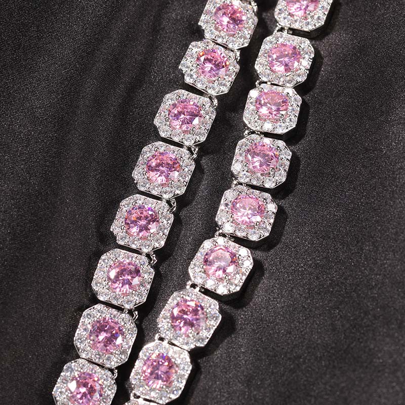 12mm Handset Pink Clustered Tennis Chain In White Gold Iced Out - Image 5