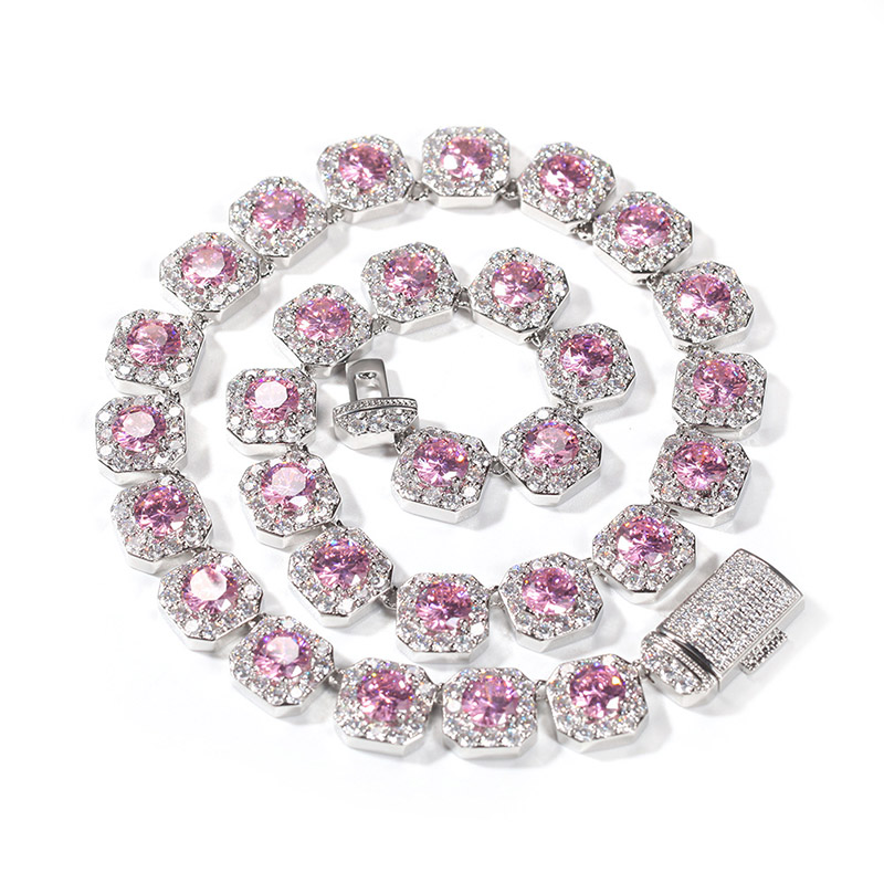 12mm Handset Pink Clustered Tennis Chain In White Gold Iced Out - Image 6