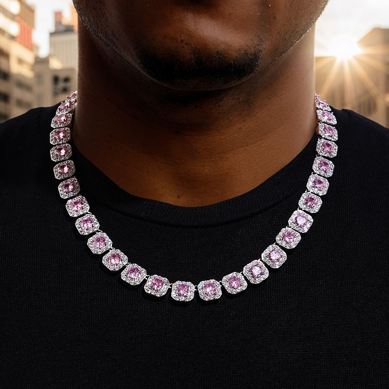 12mm Handset Pink Clustered Tennis Chain In White Gold Iced Out