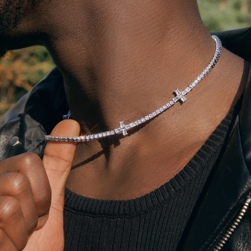 3mm Baguette Cut Cross Tennis Chain In White Gold With Iced Out Shine - Image 3