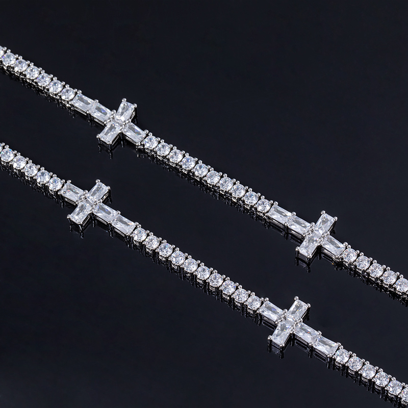 3mm Baguette Cut Cross Tennis Chain In White Gold With Iced Out Shine - Image 4