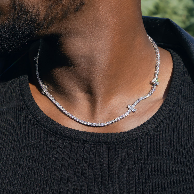 3mm Baguette Cut Cross Tennis Chain In White Gold With Iced Out Shine - Image 5