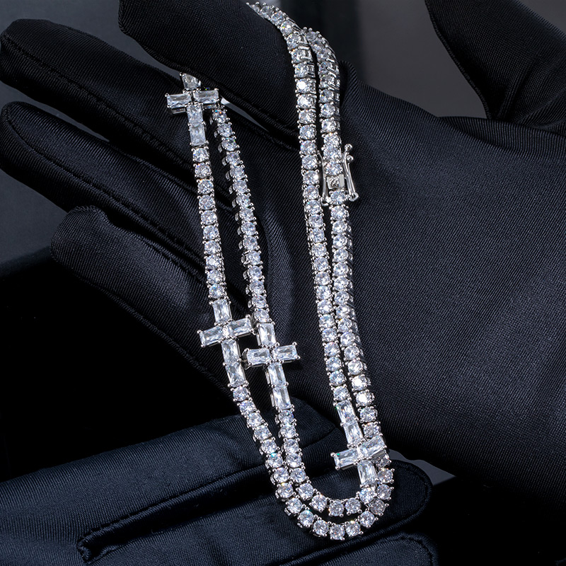 3mm Baguette Cut Cross Tennis Chain In White Gold With Iced Out Shine - Image 6