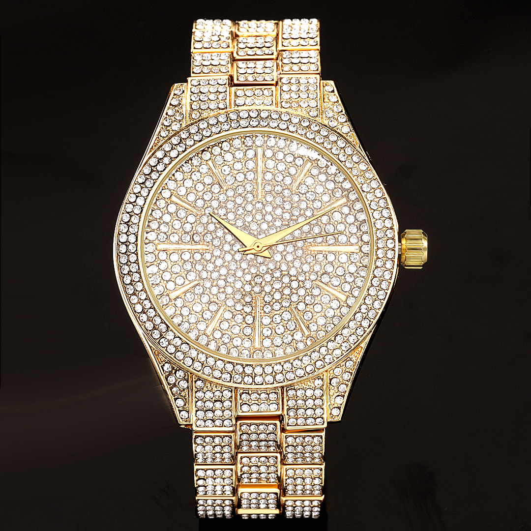 Fully Iced Out Round Bezel Men's Watch In Gold With Street Luxury Shine