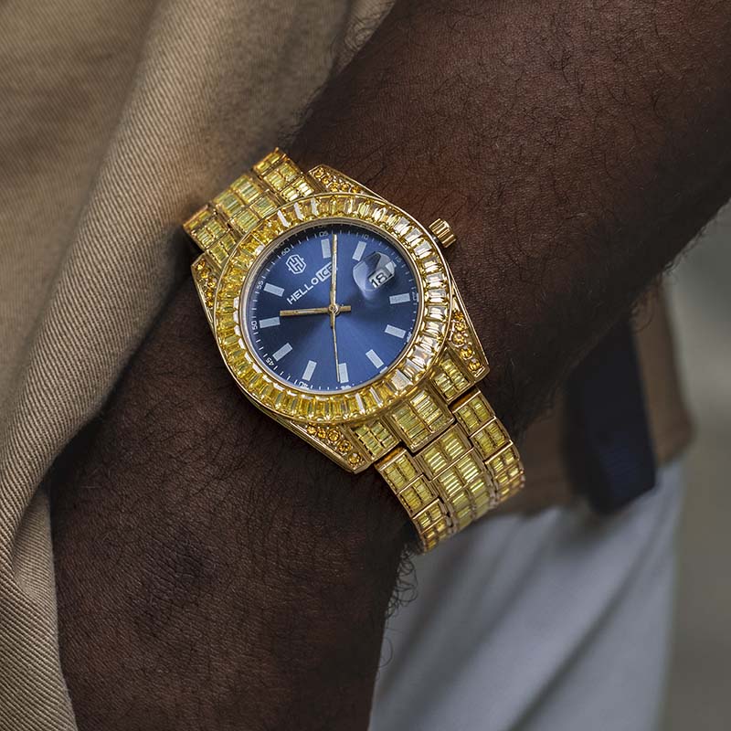40mm Yellow Baguette Cut Blue Dial Watch In Gold With Street Luxury Shine - Image 3