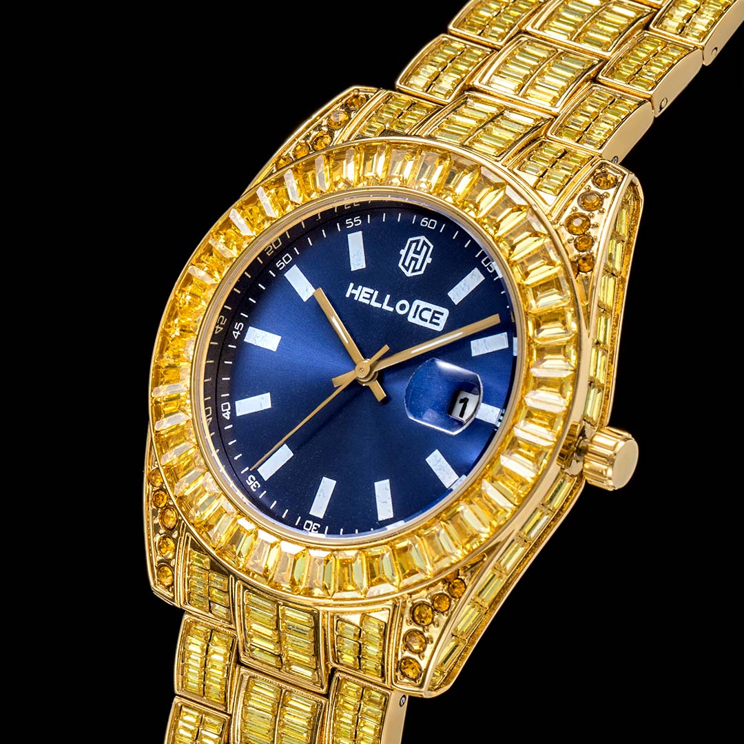 40mm Yellow Baguette Cut Blue Dial Watch In Gold With Street Luxury Shine - Image 4