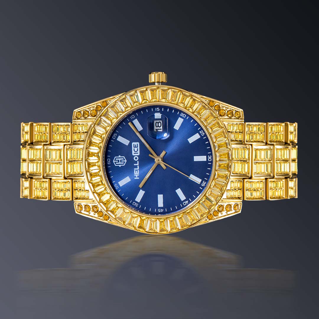 40mm Yellow Baguette Cut Blue Dial Watch In Gold With Street Luxury Shine - Image 5