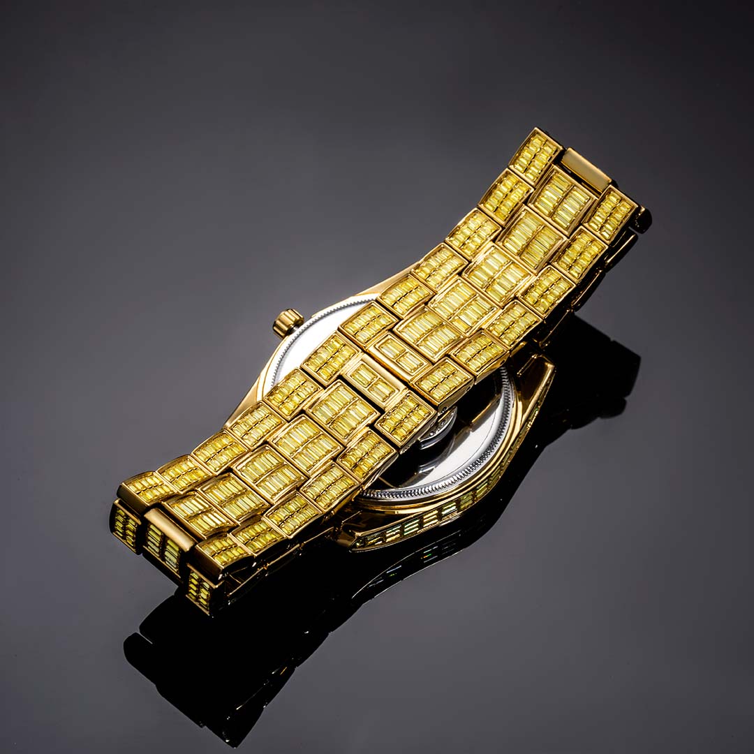 40mm Yellow Baguette Cut Blue Dial Watch In Gold With Street Luxury Shine - Image 6