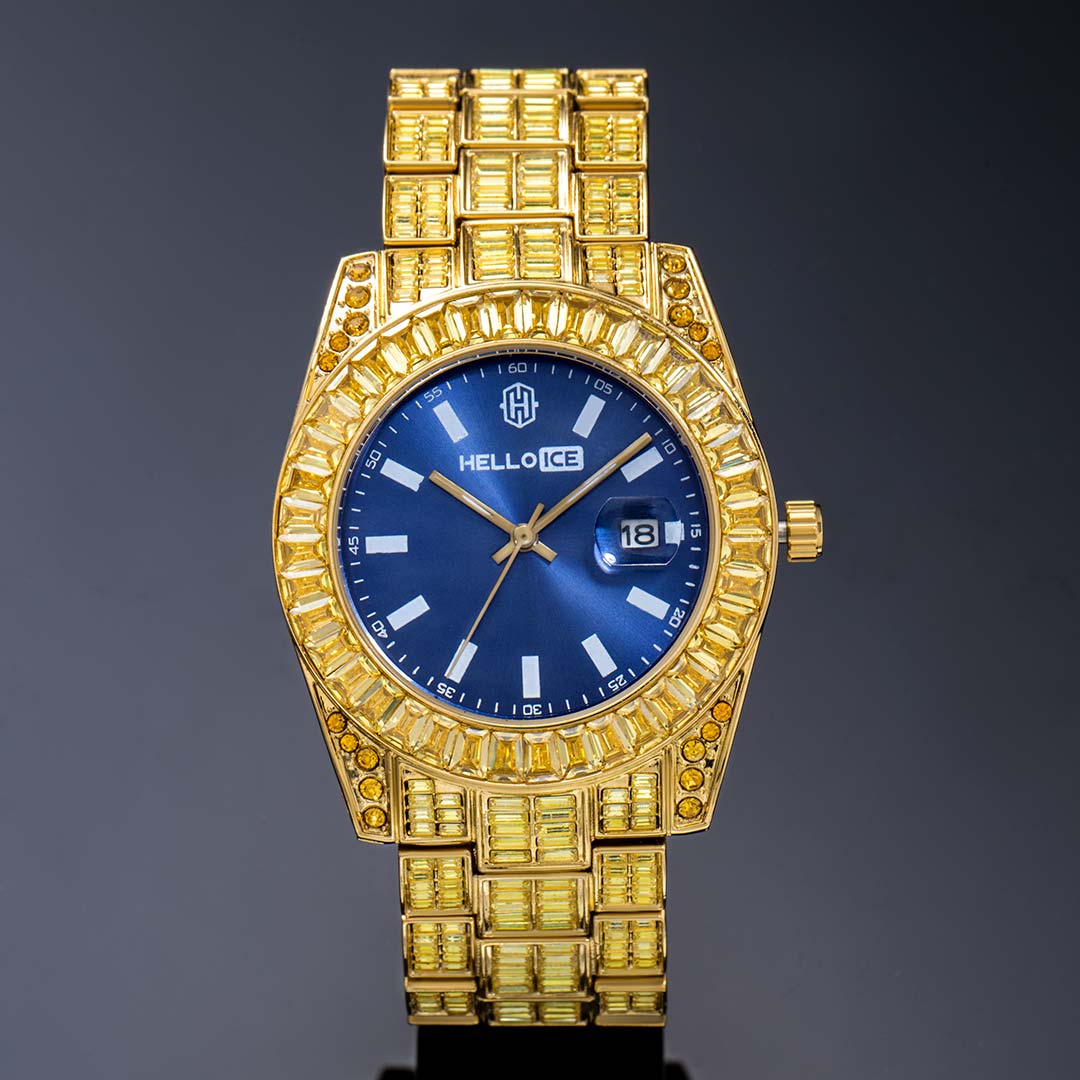 40mm Yellow Baguette Cut Blue Dial Watch In Gold With Street Luxury Shine