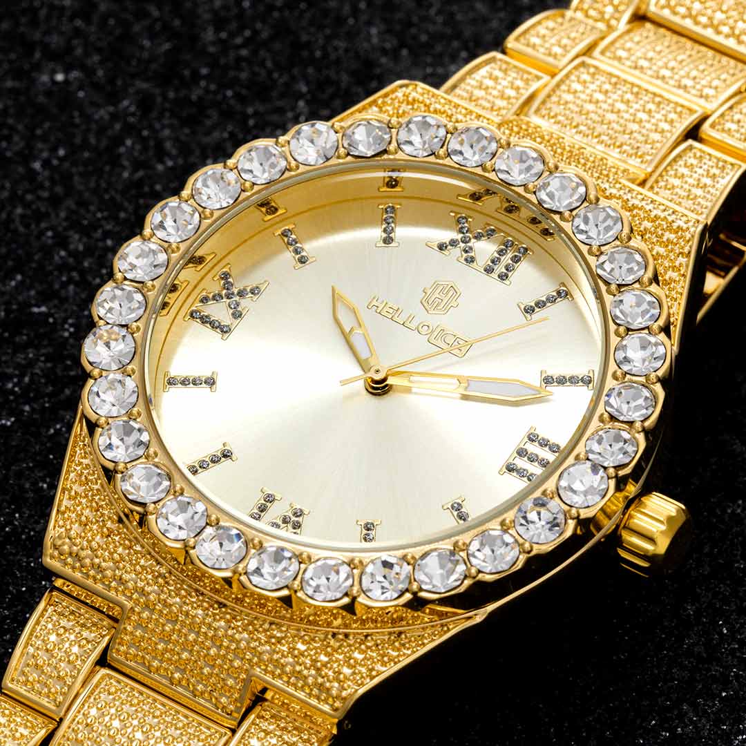43mm Iced Out Round Cut Roman Numerals Men's Watch In Gold With Gold Shine - Image 3