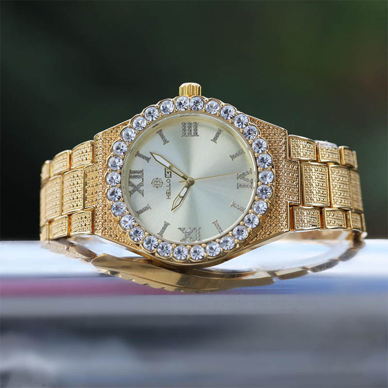 43mm Iced Out Round Cut Roman Numerals Men's Watch In Gold With Gold Shine - Image 4