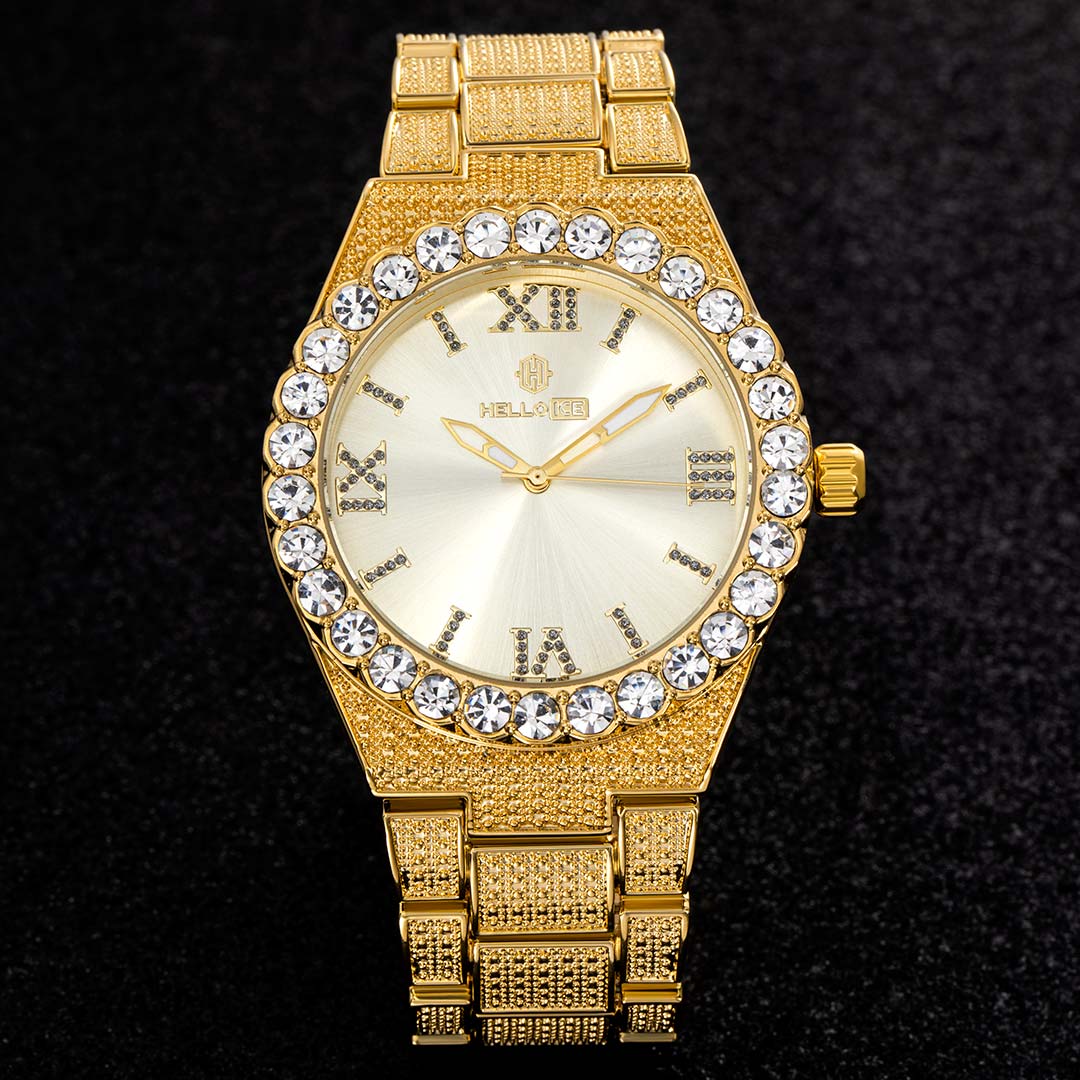 43mm Iced Out Round Cut Roman Numerals Men's Watch In Gold With Gold Shine