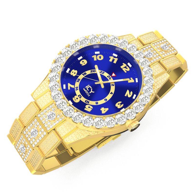 Iced Out Arabic Numerals Blue Dial Men's Watch In Gold With Gold Shine - Image 3