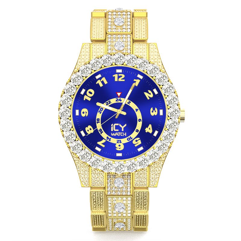 Iced Out Arabic Numerals Blue Dial Men's Watch In Gold With Gold Shine
