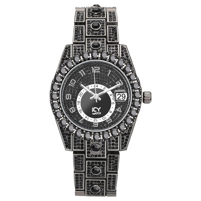 Street Luxury Iced Out Round Cut Arabic Numerals Men's Watch In Black Gold