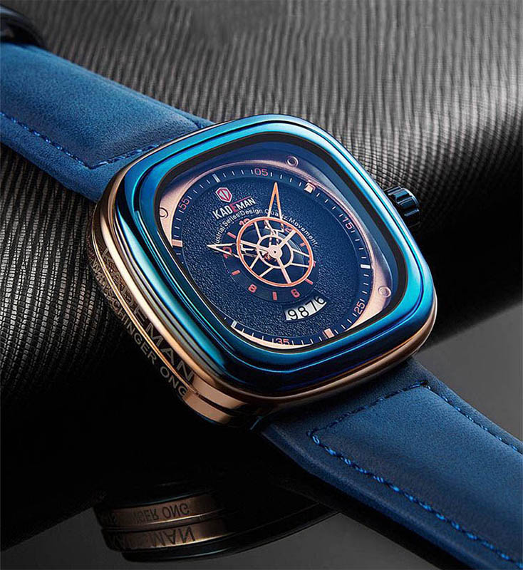 Square Arabic Numeral Men's Watch With Blue Leather Strap Gold - Image 3