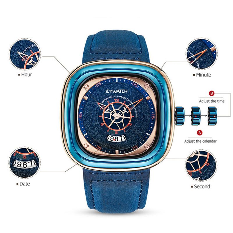 Square Arabic Numeral Men's Watch With Blue Leather Strap Gold - Image 4