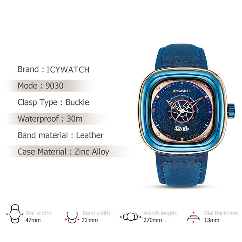 Square Arabic Numeral Men's Watch With Blue Leather Strap Gold - Image 5
