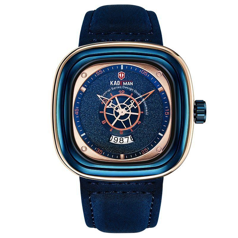 Square Arabic Numeral Men's Watch With Blue Leather Strap Gold