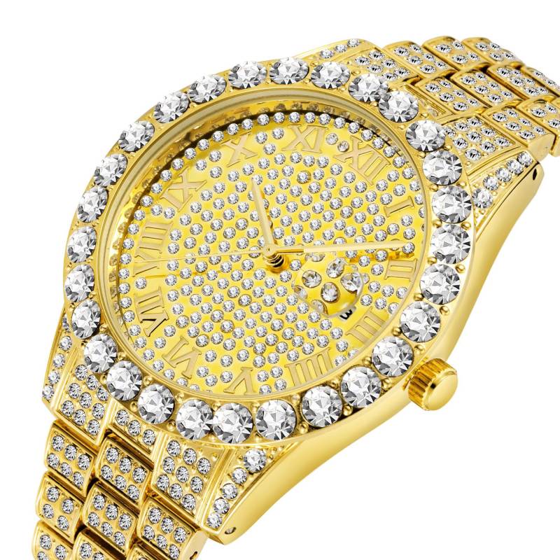 Iced Out Roman Numerals Men's Watch In Gold With Street Luxury Shine - Image 3