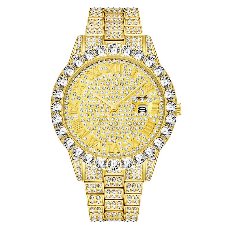 Iced Out Roman Numerals Men's Watch In Gold With Street Luxury Shine