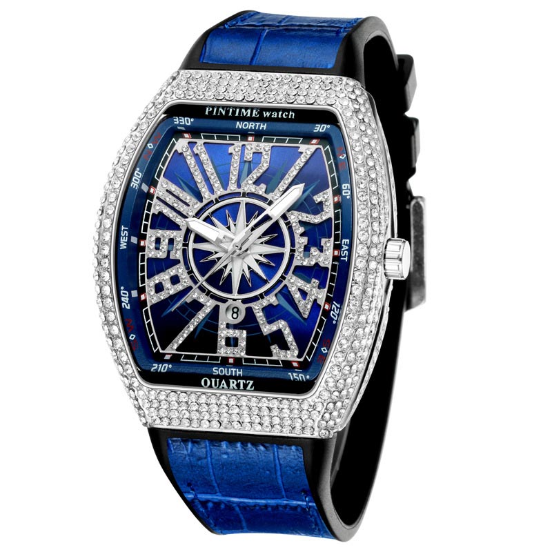 Men's Iced Out Arabic Numerals Watch With Blue Strap Gold - Image 3