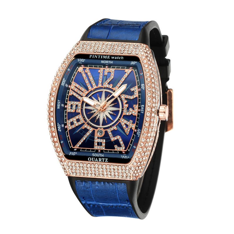Men's Iced Out Arabic Numerals Watch With Blue Strap Gold - Image 4