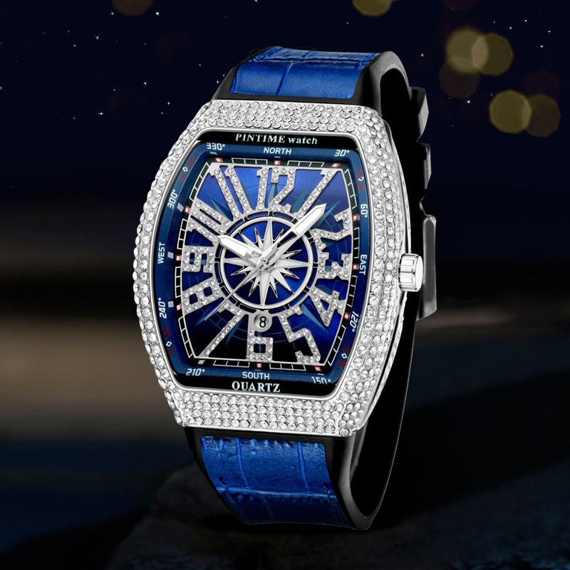 Men's Iced Out Arabic Numerals Watch With Blue Strap Gold