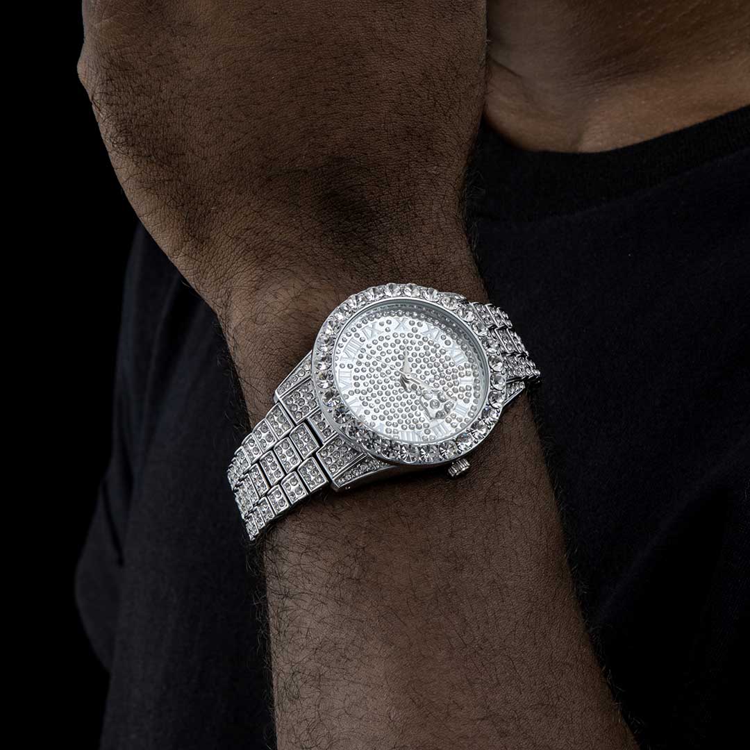 Iced Out Roman Numerals Men's Watch In White Gold With Street Luxury Shine - Image 3