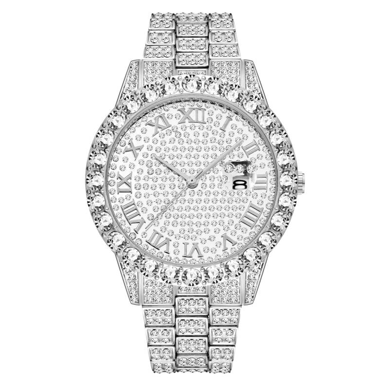 Iced Out Roman Numerals Men's Watch In White Gold With Street Luxury Shine - Image 4