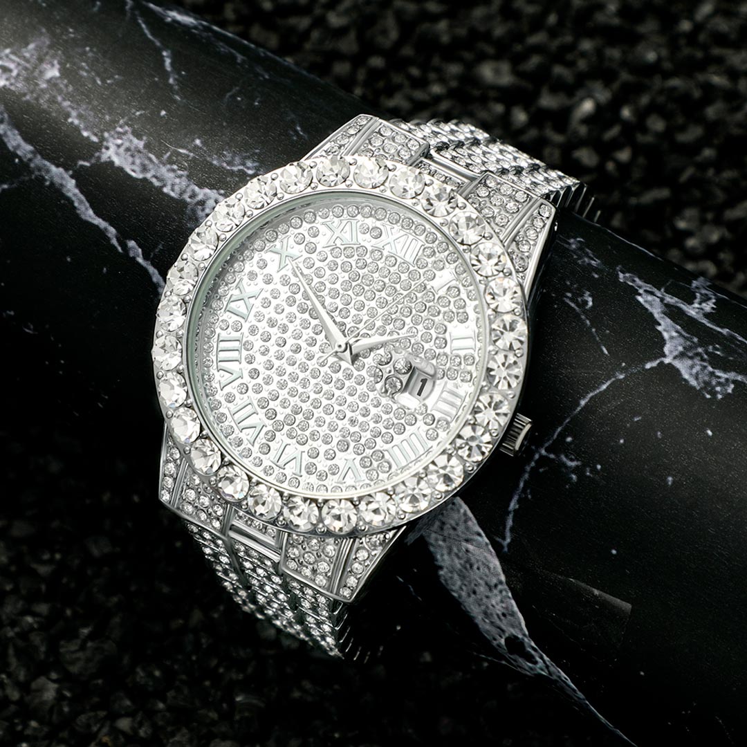 Iced Out Roman Numerals Men's Watch In White Gold With Street Luxury Shine - Image 5
