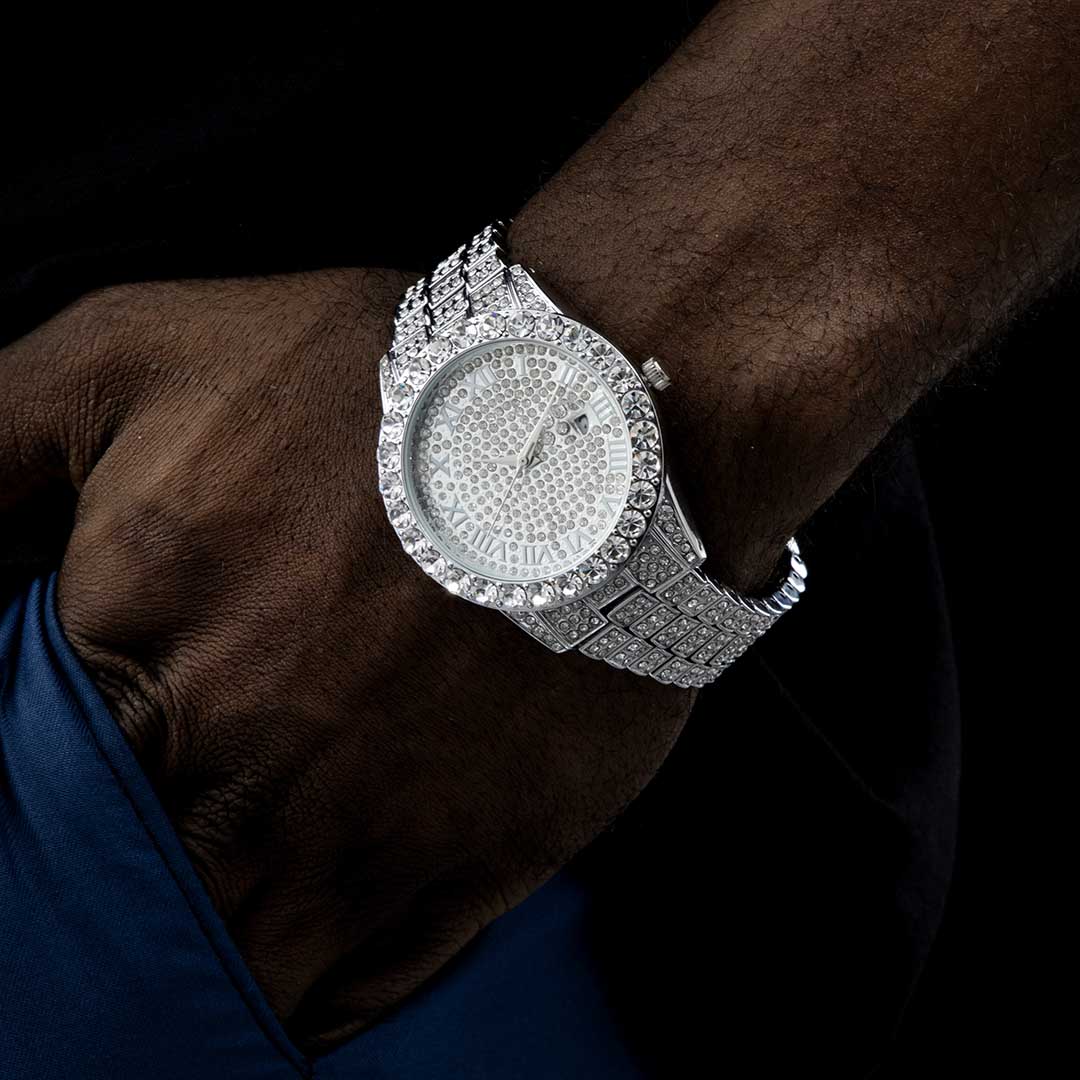 Iced Out Roman Numerals Men's Watch In White Gold With Street Luxury Shine