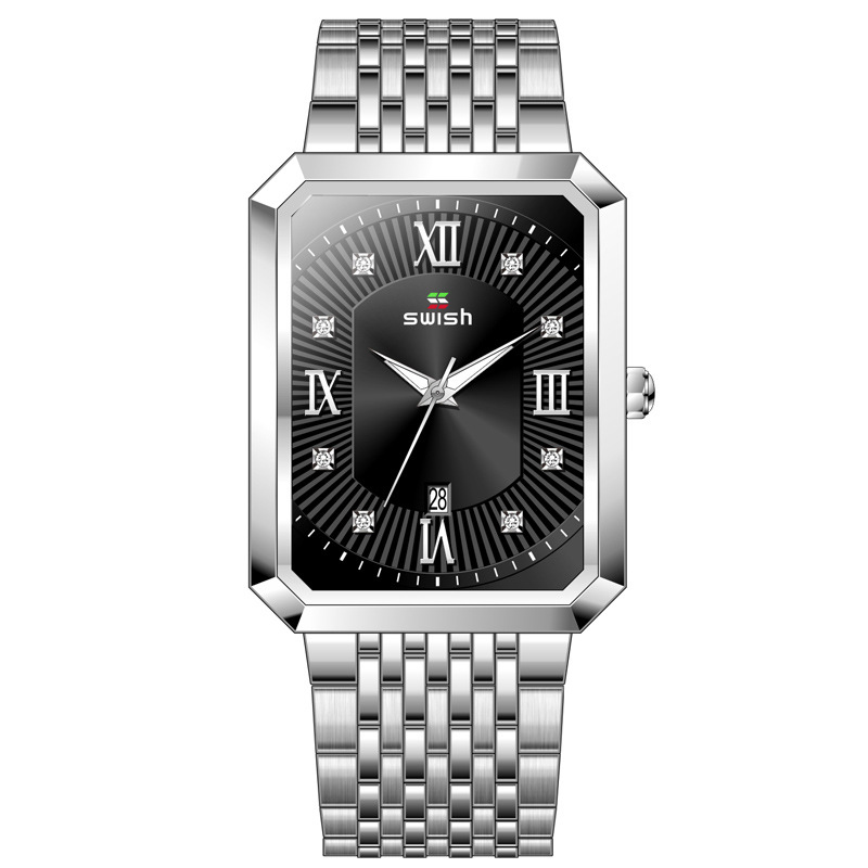 Rectangle Waterproof Quartz Watch For Men Silver With Street Luxury Shine - Image 3