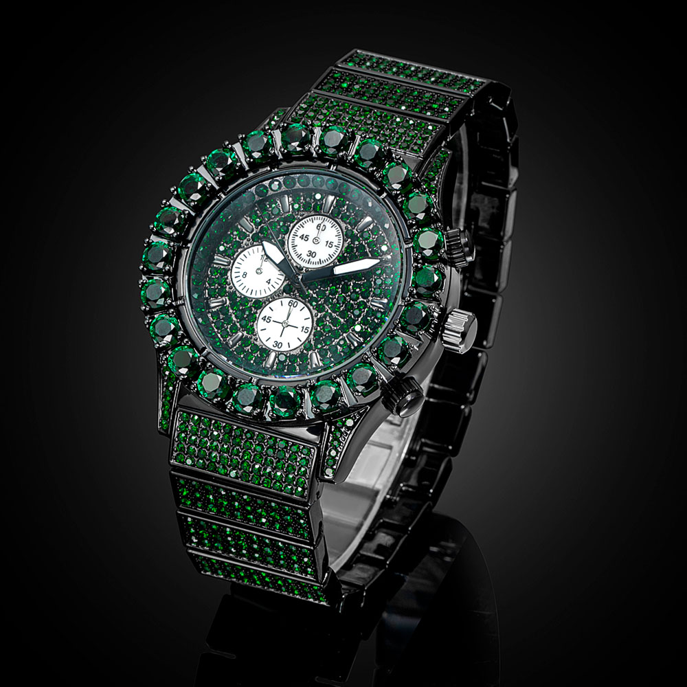 Street Luxury Iced Out Emerald Round Cut Luminous Men's Watch In Black Gold - Image 3