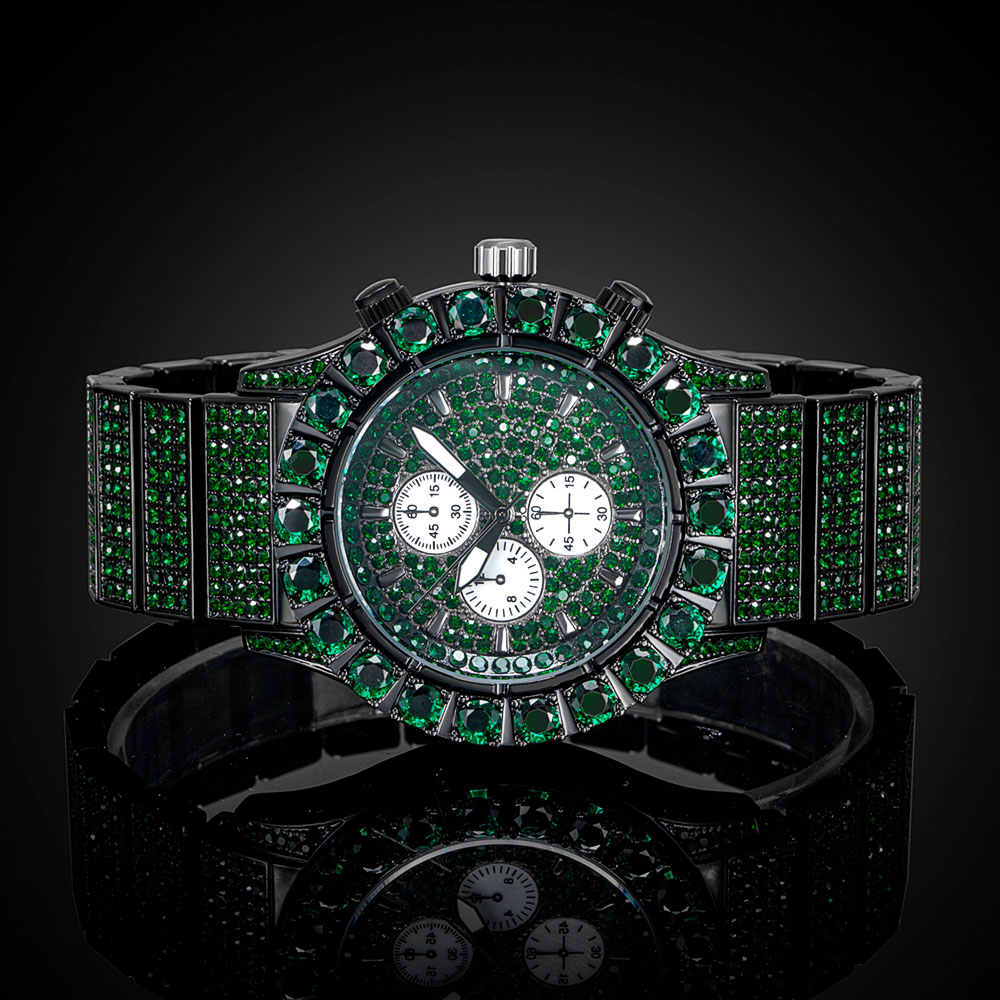 Street Luxury Iced Out Emerald Round Cut Luminous Men's Watch In Black Gold - Image 4