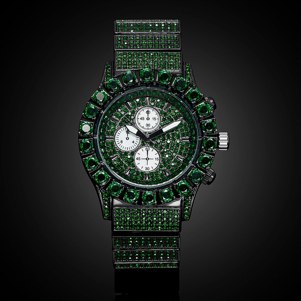 Street Luxury Iced Out Emerald Round Cut Luminous Men's Watch In Black Gold