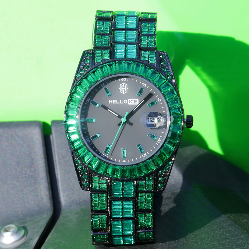 Emerald Baguette Cut Date Display Men's Watch In Black Gold With Gold Shine