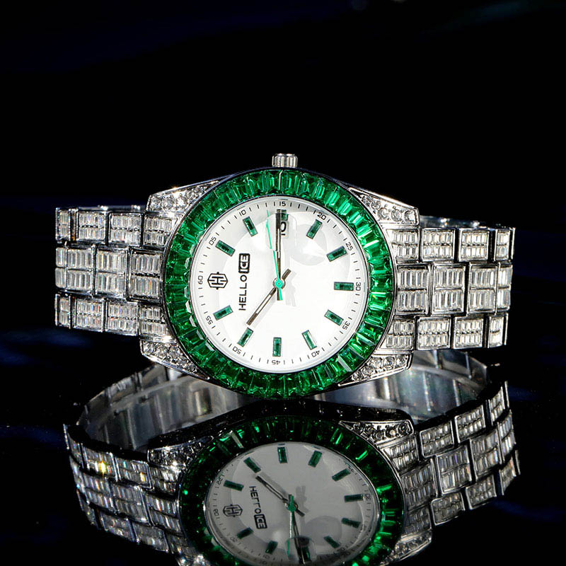 Bold Emerald Baguette Cut Bezel Date Display Men's Watch In White Gold - Image 3