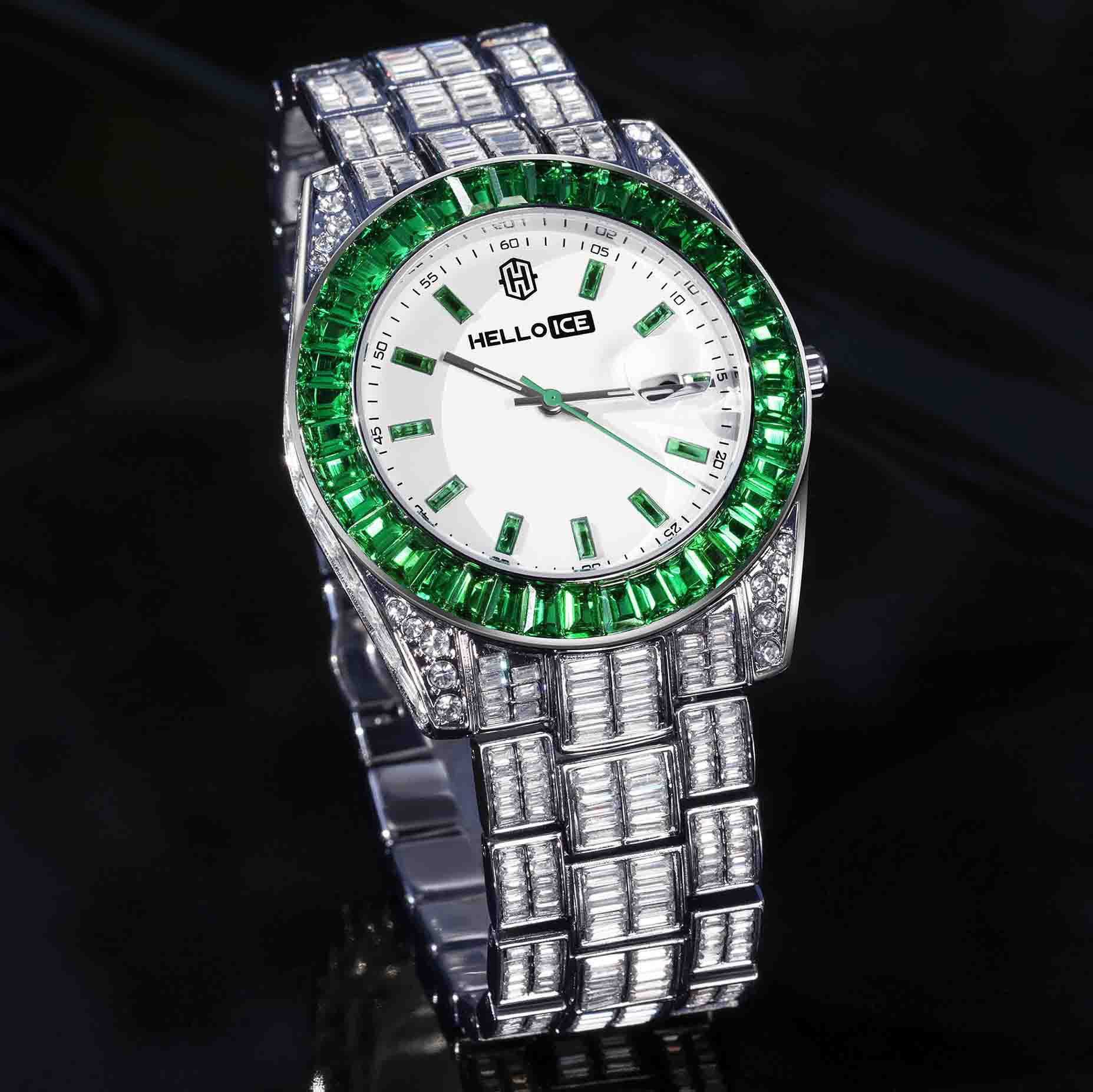 Bold Emerald Baguette Cut Bezel Date Display Men's Watch In White Gold - Image 4