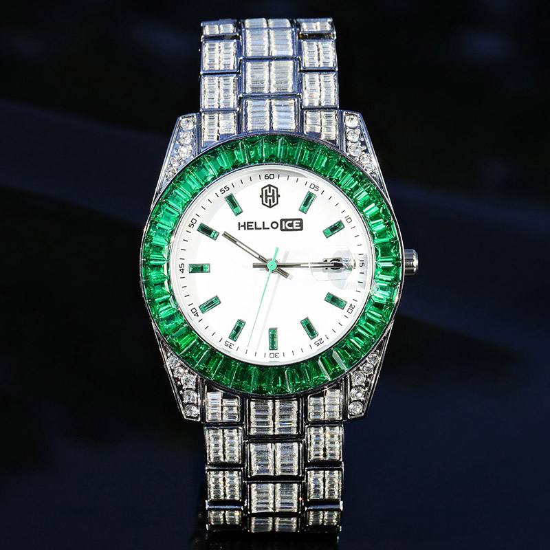 Bold Emerald Baguette Cut Bezel Date Display Men's Watch In White Gold