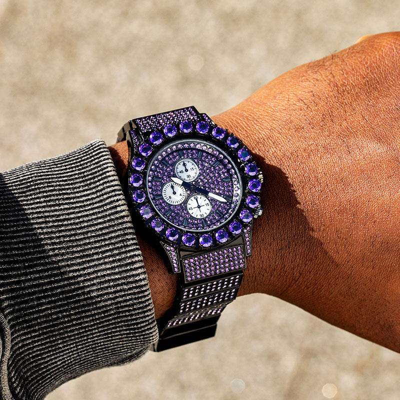 Street Luxury Iced Out Purple Round Cut Luminous Men's Watch In Black Gold - Image 3