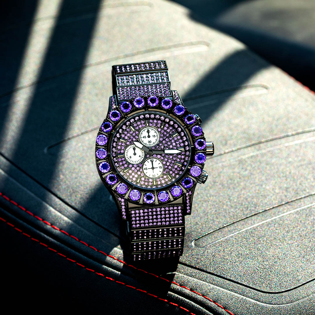 Street Luxury Iced Out Purple Round Cut Luminous Men's Watch In Black Gold - Image 4