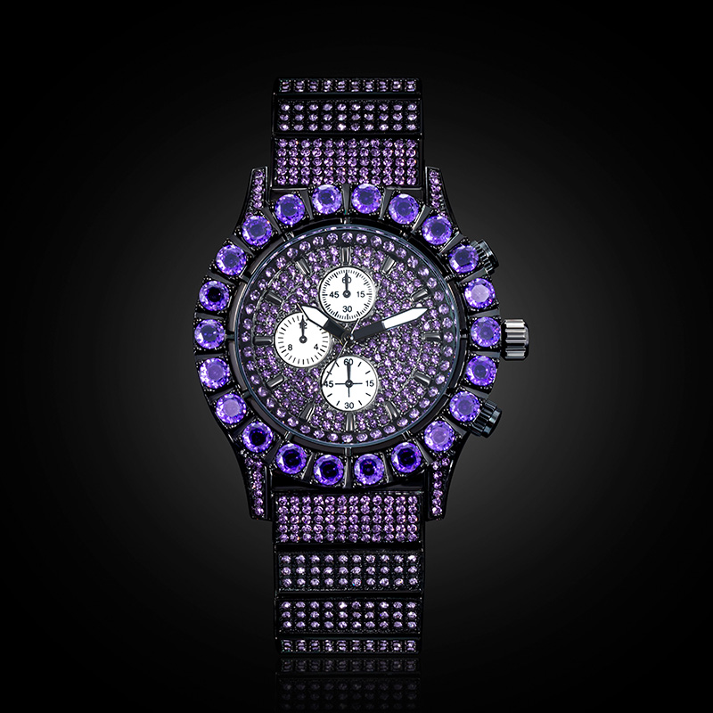Street Luxury Iced Out Purple Round Cut Luminous Men's Watch In Black Gold